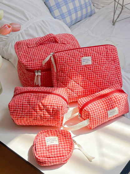 Large Capacity Home Items Organizer Bag With Zipper Portable Handheld Travel Toiletry Bag Classic Grid Print Cosmetics Storage Bag Soft Fabric Handbag