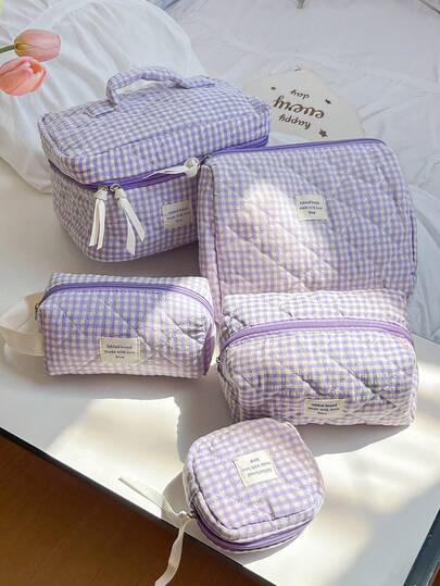 Large Capacity Home Items Organizer Bag With Zipper Portable Handheld Travel Toiletry Bag Classic Grid Print Cosmetics Storage Bag Soft Fabric Handbag
