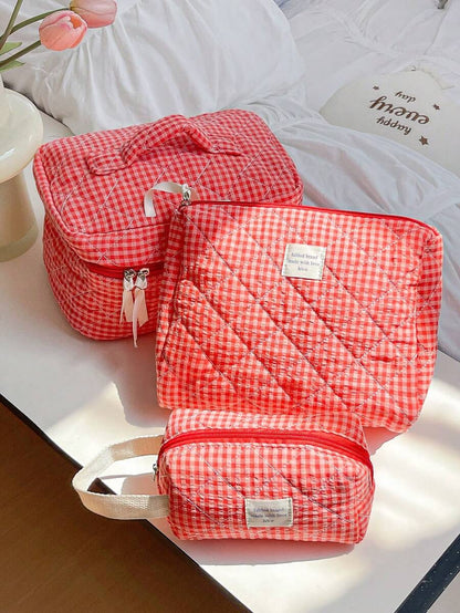 Large Capacity Home Items Organizer Bag With Zipper Portable Handheld Travel Toiletry Bag Classic Grid Print Cosmetics Storage Bag Soft Fabric Handbag