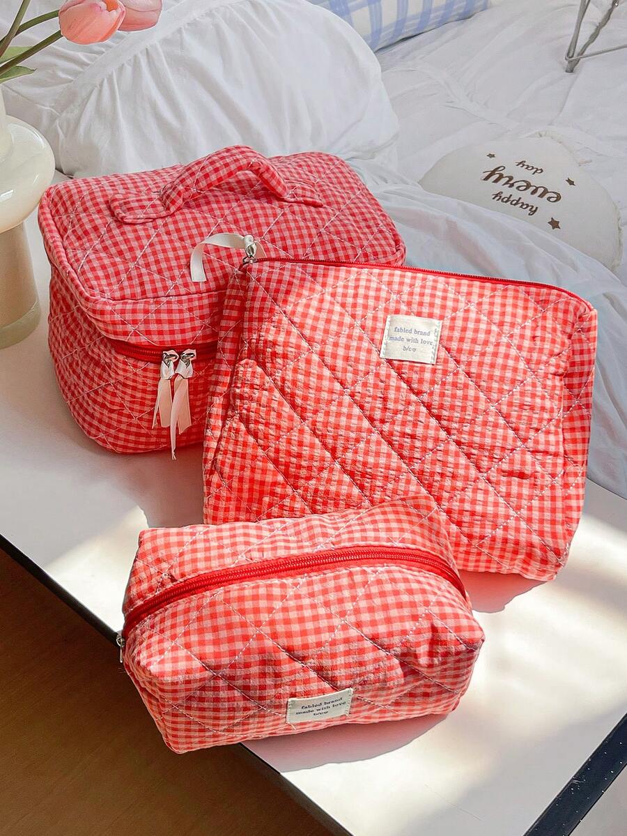 Large Capacity Home Items Organizer Bag With Zipper Portable Handheld Travel Toiletry Bag Classic Grid Print Cosmetics Storage Bag Soft Fabric Handbag