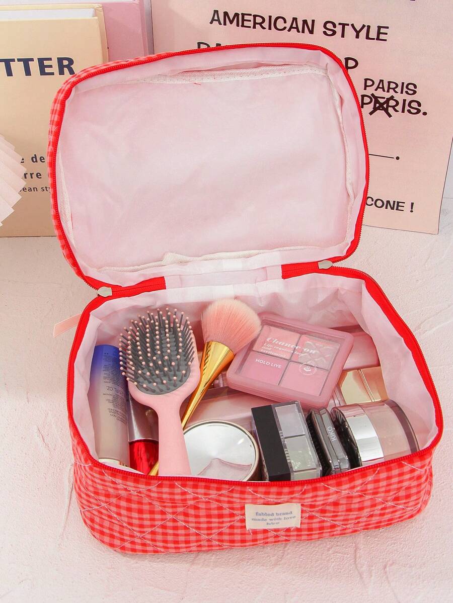 Large Capacity Home Items Organizer Bag With Zipper Portable Handheld Travel Toiletry Bag Classic Grid Print Cosmetics Storage Bag Soft Fabric Handbag