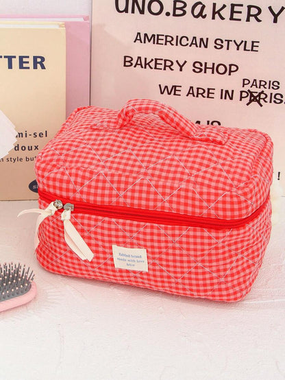 Large Capacity Home Items Organizer Bag With Zipper Portable Handheld Travel Toiletry Bag Classic Grid Print Cosmetics Storage Bag Soft Fabric Handbag