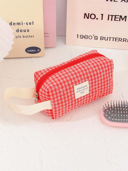 Large Capacity Home Items Organizer Bag With Zipper Portable Handheld Travel Toiletry Bag Classic Grid Print Cosmetics Storage Bag Soft Fabric Handbag