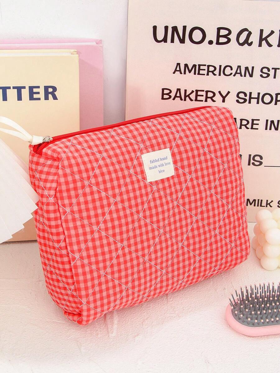 Large Capacity Home Items Organizer Bag With Zipper Portable Handheld Travel Toiletry Bag Classic Grid Print Cosmetics Storage Bag Soft Fabric Handbag