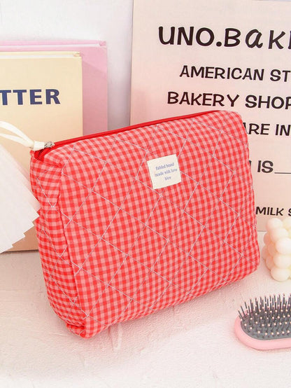 Large Capacity Home Items Organizer Bag With Zipper Portable Handheld Travel Toiletry Bag Classic Grid Print Cosmetics Storage Bag Soft Fabric Handbag