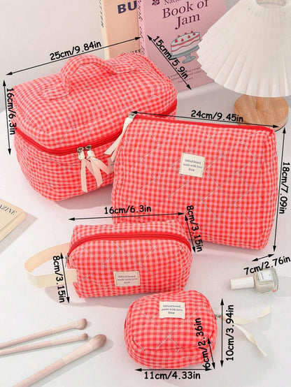 Large Capacity Home Items Organizer Bag With Zipper Portable Handheld Travel Toiletry Bag Classic Grid Print Cosmetics Storage Bag Soft Fabric Handbag