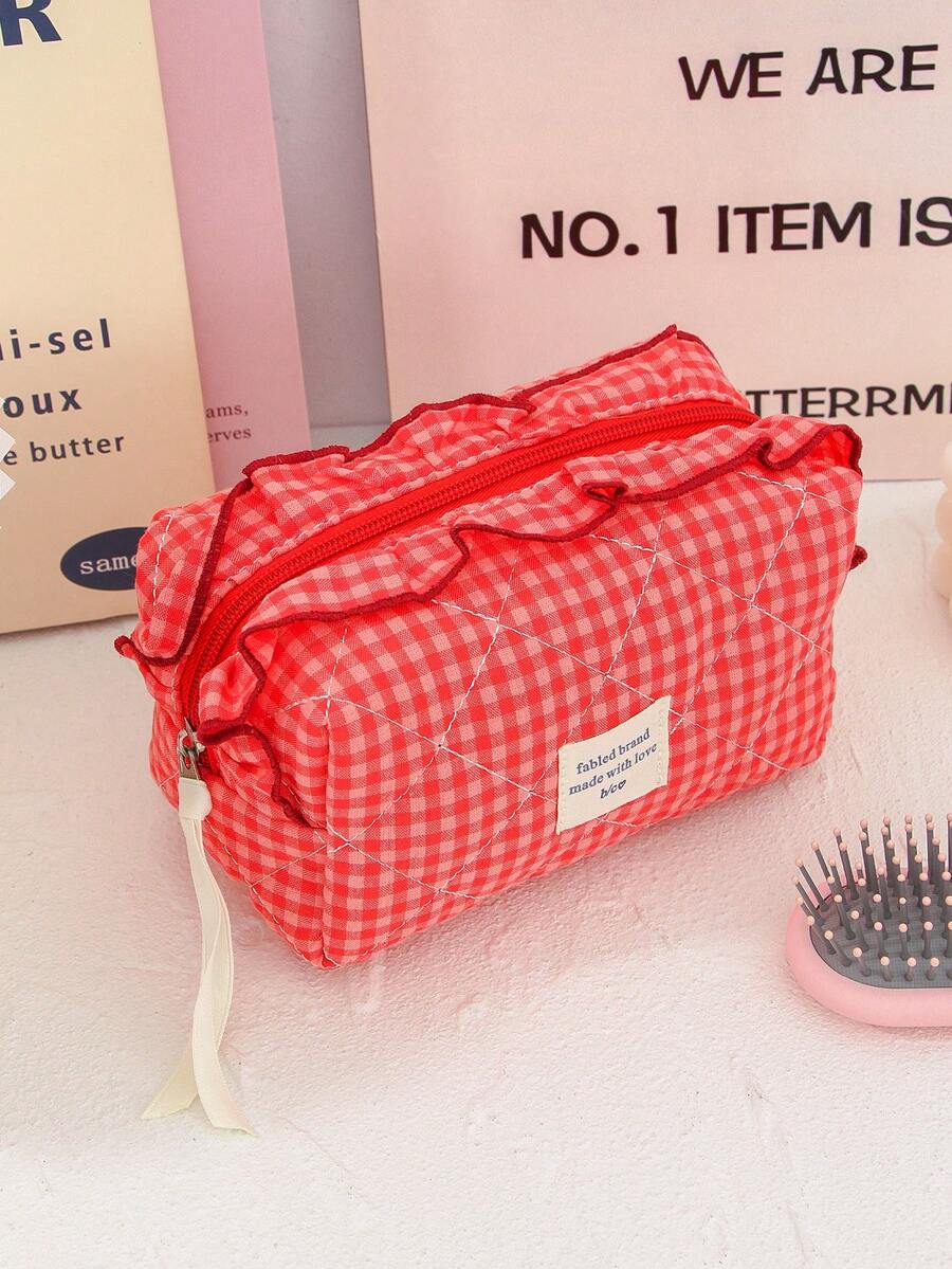 Large Capacity Home Items Organizer Bag With Zipper Portable Handheld Travel Toiletry Bag Classic Grid Print Cosmetics Storage Bag Soft Fabric Handbag