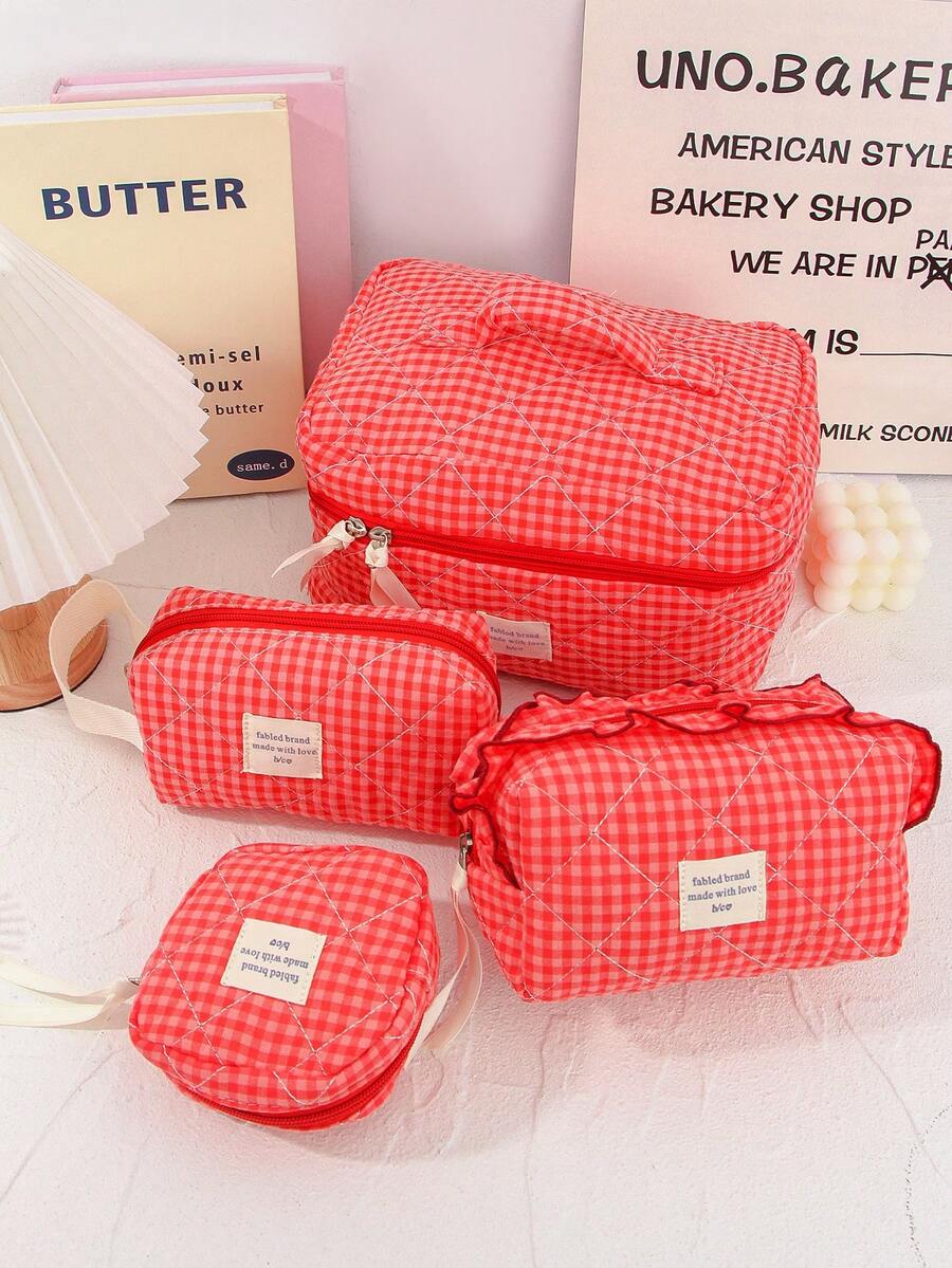Large Capacity Home Items Organizer Bag With Zipper Portable Handheld Travel Toiletry Bag Classic Grid Print Cosmetics Storage Bag Soft Fabric Handbag