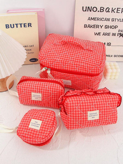 Large Capacity Home Items Organizer Bag With Zipper Portable Handheld Travel Toiletry Bag Classic Grid Print Cosmetics Storage Bag Soft Fabric Handbag