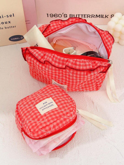 Large Capacity Home Items Organizer Bag With Zipper Portable Handheld Travel Toiletry Bag Classic Grid Print Cosmetics Storage Bag Soft Fabric Handbag