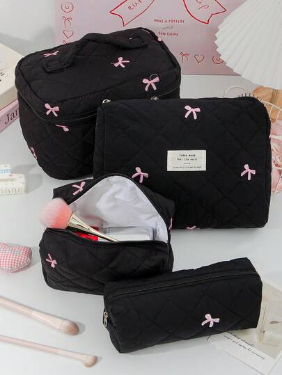 Large Capacity Home Items Organizer Bag With Zipper Portable Handheld Travel Toiletry Bag Classic Grid Print Cosmetics Storage Bag Soft Fabric Handbag