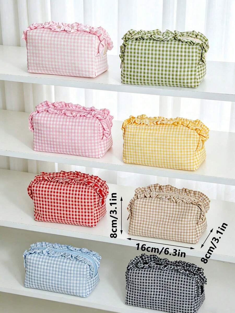 Large Capacity Plaid Ruffle Makeup Bag, Multifunctional Plaid Cosmetic Storage Bag With Zipper, Travel And Daily Use Toiletry Storage Bag