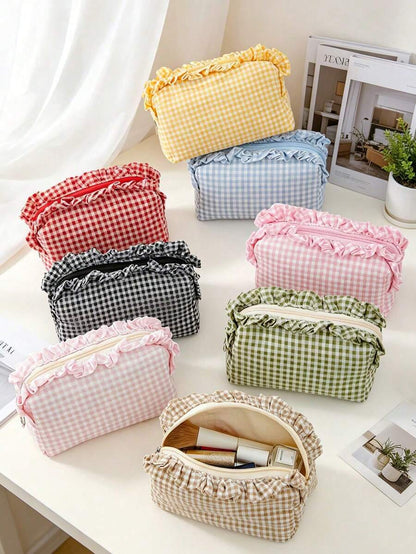 Large Capacity Plaid Ruffle Makeup Bag, Multifunctional Plaid Cosmetic Storage Bag With Zipper, Travel And Daily Use Toiletry Storage Bag