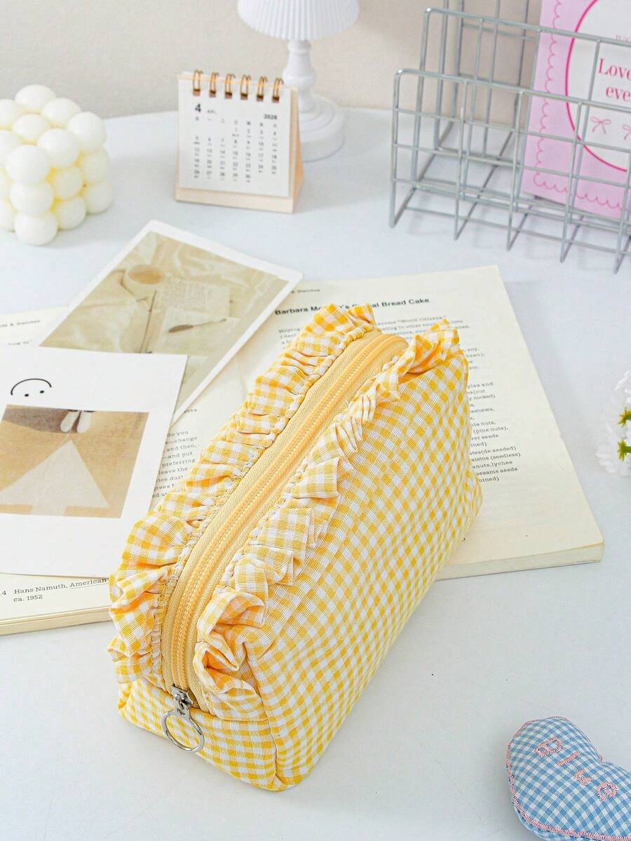 Large Capacity Plaid Ruffle Makeup Bag, Multifunctional Plaid Cosmetic Storage Bag With Zipper, Travel And Daily Use Toiletry Storage Bag