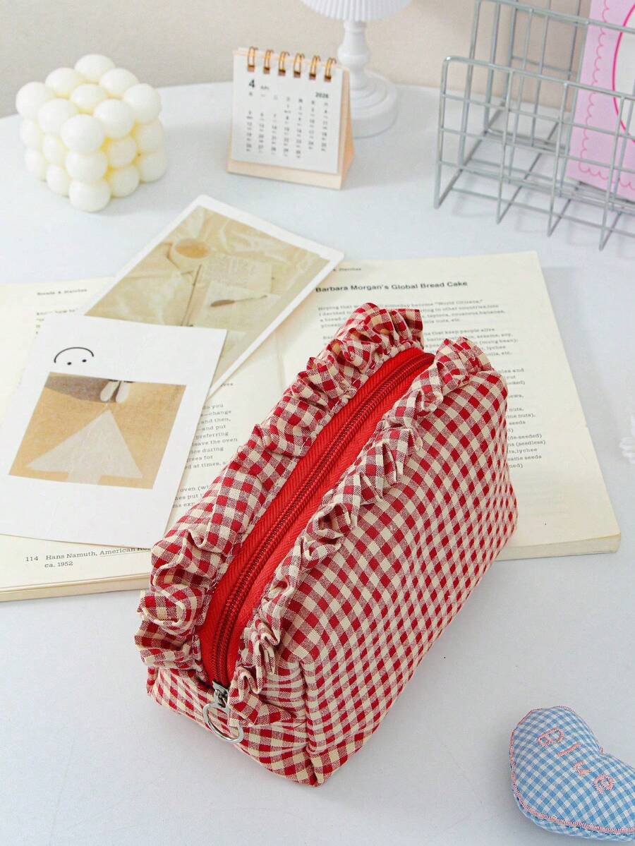 Large Capacity Plaid Ruffle Makeup Bag, Multifunctional Plaid Cosmetic Storage Bag With Zipper, Travel And Daily Use Toiletry Storage Bag