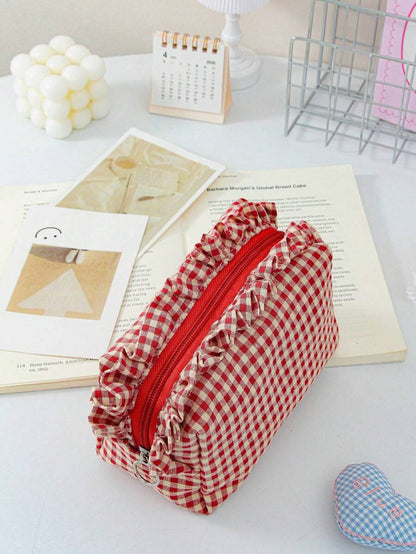Large Capacity Plaid Ruffle Makeup Bag, Multifunctional Plaid Cosmetic Storage Bag With Zipper, Travel And Daily Use Toiletry Storage Bag