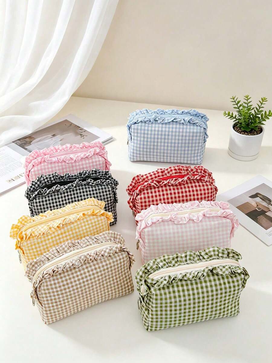 Large Capacity Plaid Ruffle Makeup Bag, Multifunctional Plaid Cosmetic Storage Bag With Zipper, Travel And Daily Use Toiletry Storage Bag