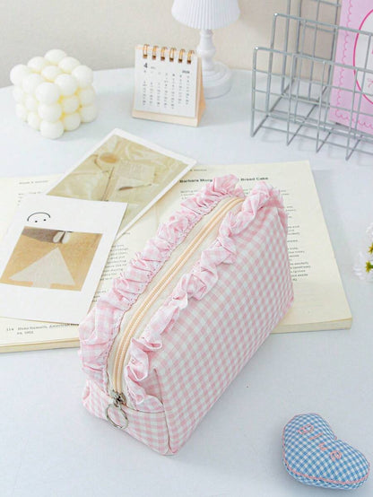 Large Capacity Plaid Ruffle Makeup Bag, Multifunctional Plaid Cosmetic Storage Bag With Zipper, Travel And Daily Use Toiletry Storage Bag