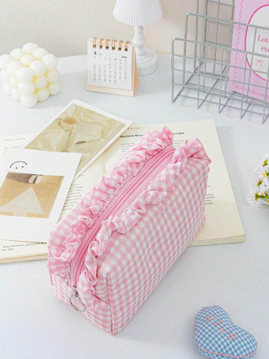 Large Capacity Plaid Ruffle Makeup Bag, Multifunctional Plaid Cosmetic Storage Bag With Zipper, Travel And Daily Use Toiletry Storage Bag