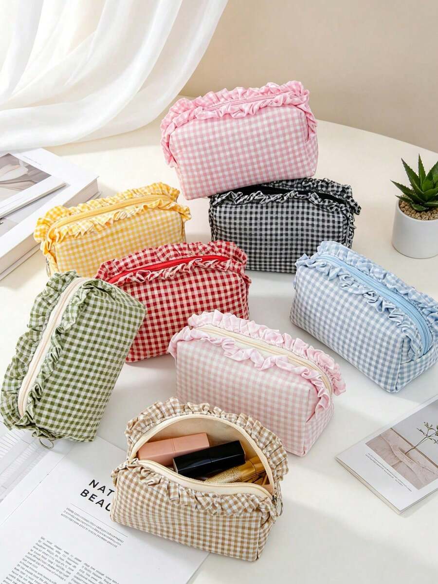 Large Capacity Plaid Ruffle Makeup Bag, Multifunctional Plaid Cosmetic Storage Bag With Zipper, Travel And Daily Use Toiletry Storage Bag