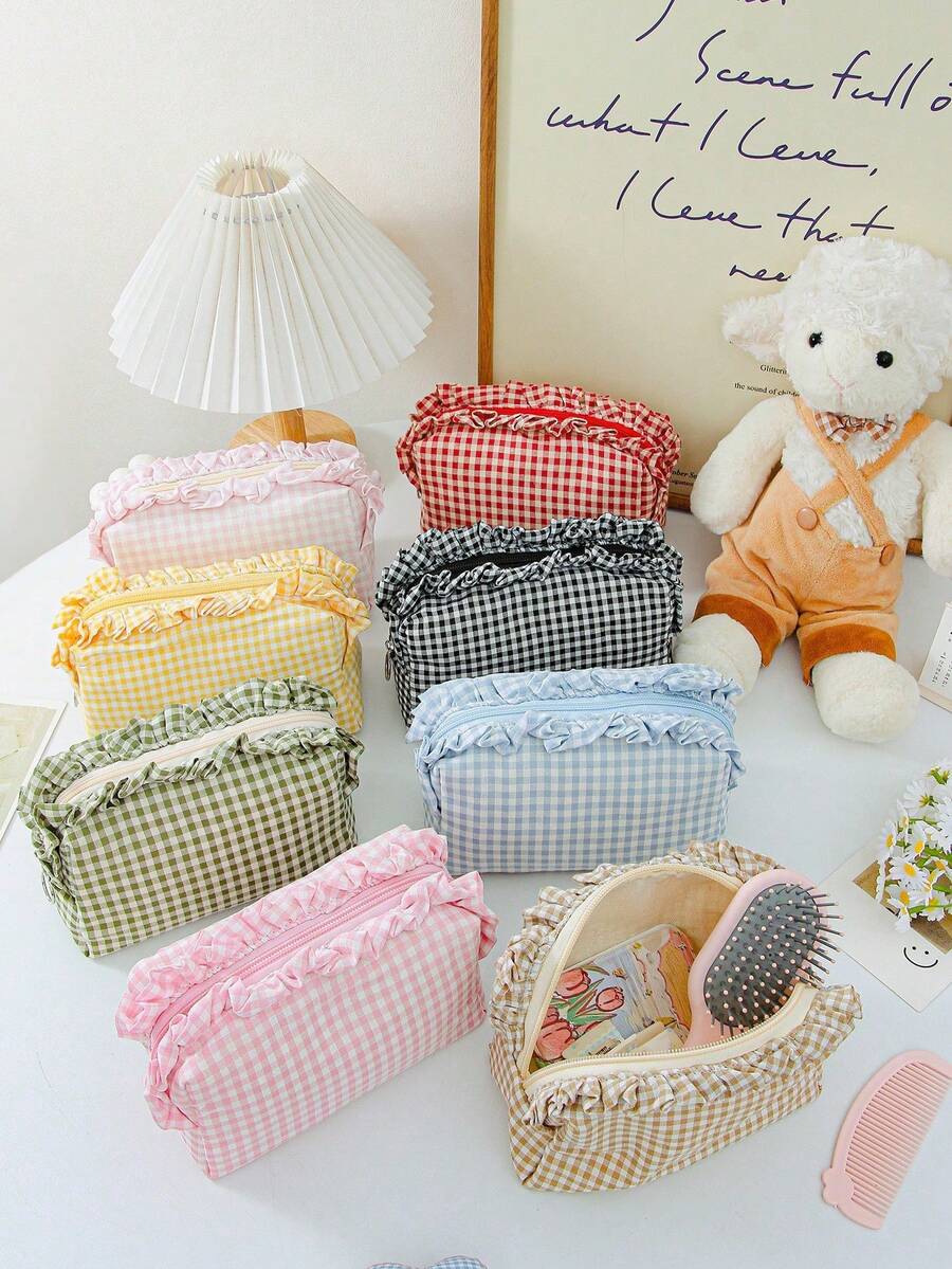 Large Capacity Plaid Ruffle Makeup Bag, Multifunctional Plaid Cosmetic Storage Bag With Zipper, Travel And Daily Use Toiletry Storage Bag