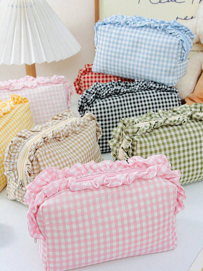Large Capacity Plaid Ruffle Makeup Bag, Multifunctional Plaid Cosmetic Storage Bag With Zipper, Travel And Daily Use Toiletry Storage Bag