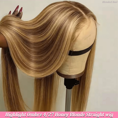 Brazilian Virgin Hair 5x5 HD Seamless Frontal Wig, Human Hair Blend, Pre-Trimmed 200% Density, #4/27 Honey Blonde Ombre Highlight Straight Hair, Glueless Wig For Women, 13x4 13x6 Brazilian Frontal With Baby Hair HD Seamless Lace Frontal