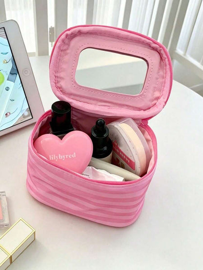 1Pc/Set Pink Striped Makeup Bag With Mirror,Portable Women's Handbag Toiletry Bag Cosmetic Bag Skincare Bag Jewly Bag Makeup Case, Cosmetic Organizer