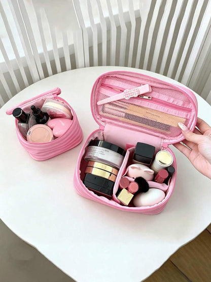 1Pc/Set Pink Striped Makeup Bag With Mirror,Portable Women's Handbag Toiletry Bag Cosmetic Bag Skincare Bag Jewly Bag Makeup Case, Cosmetic Organizer