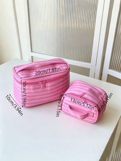 1Pc/Set Pink Striped Makeup Bag With Mirror,Portable Women's Handbag Toiletry Bag Cosmetic Bag Skincare Bag Jewly Bag Makeup Case, Cosmetic Organizer