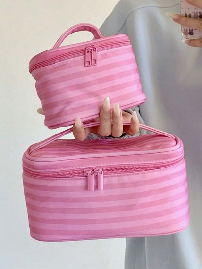 1Pc/Set Pink Striped Makeup Bag With Mirror,Portable Women's Handbag Toiletry Bag Cosmetic Bag Skincare Bag Jewly Bag Makeup Case, Cosmetic Organizer