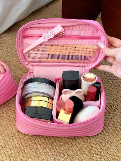 1Pc/Set Pink Striped Makeup Bag With Mirror,Portable Women's Handbag Toiletry Bag Cosmetic Bag Skincare Bag Jewly Bag Makeup Case, Cosmetic Organizer