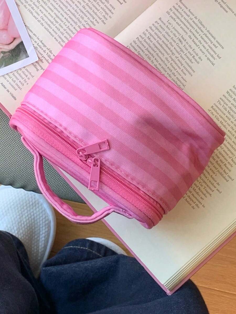 1Pc/Set Pink Striped Makeup Bag With Mirror,Portable Women's Handbag Toiletry Bag Cosmetic Bag Skincare Bag Jewly Bag Makeup Case, Cosmetic Organizer