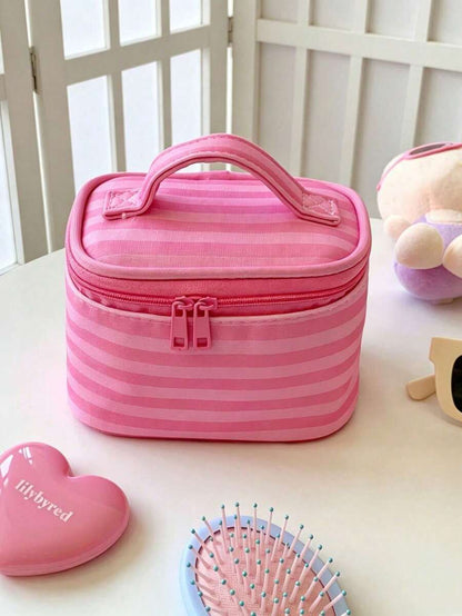 1Pc/Set Pink Striped Makeup Bag With Mirror,Portable Women's Handbag Toiletry Bag Cosmetic Bag Skincare Bag Jewly Bag Makeup Case, Cosmetic Organizer