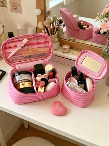 1Pc/Set Pink Striped Makeup Bag With Mirror,Portable Women's Handbag Toiletry Bag Cosmetic Bag Skincare Bag Jewly Bag Makeup Case, Cosmetic Organizer