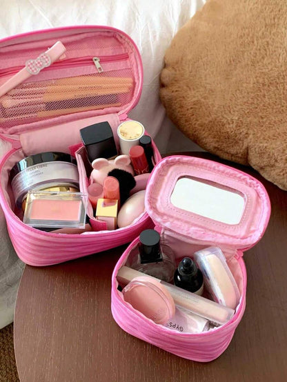 1Pc/Set Pink Striped Makeup Bag With Mirror,Portable Women's Handbag Toiletry Bag Cosmetic Bag Skincare Bag Jewly Bag Makeup Case, Cosmetic Organizer