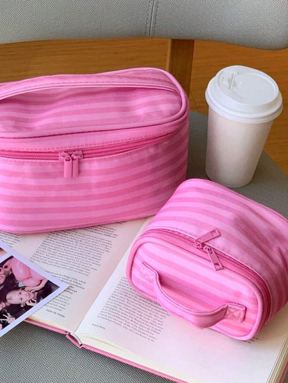 1Pc/Set Pink Striped Makeup Bag With Mirror,Portable Women's Handbag Toiletry Bag Cosmetic Bag Skincare Bag Jewly Bag Makeup Case, Cosmetic Organizer